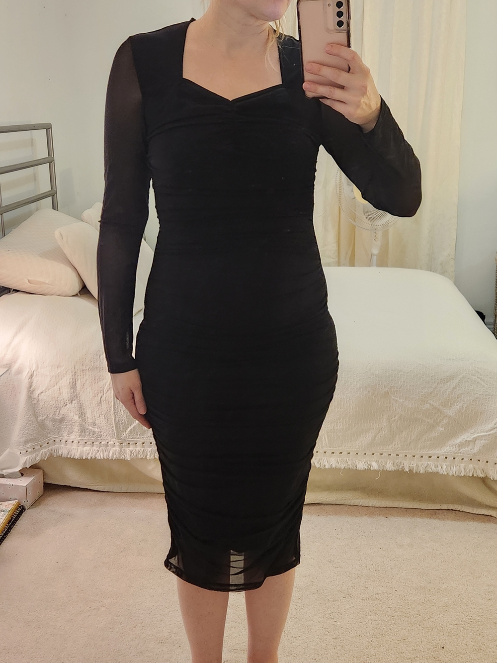 SHEIN MOTF Black Long-Sleeve Ruched Midi Dress